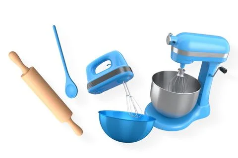 Baking tools including a stand mixer, hand mixer, wooden spoon, and rolling p Stock Illustration