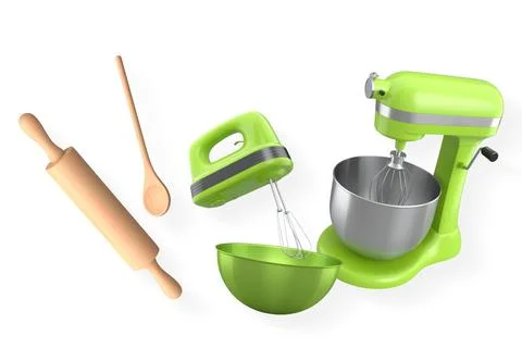 Baking tools including a stand mixer, hand mixer, wooden spoon, and rolling pin Stock Illustration