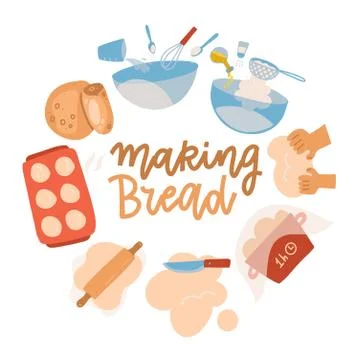 Baking tools set. Pastry making equipment and ingredients. Bread recipe with  Stock Illustration