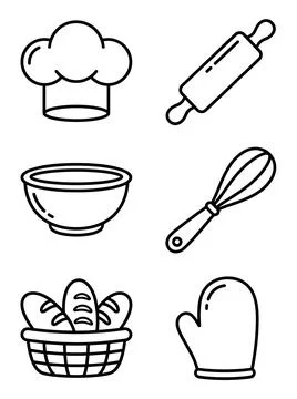 Baking tools set vector illustration featuring chef hat rolling pin bowl whisk Illustrazione stock