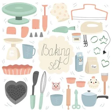 Baking tools vector illustration set. Pastry prepare cooking ingredients. Foo Stock Illustration