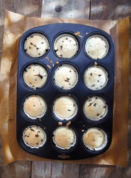 Baking tray with muffins Stock Photos