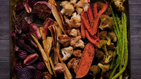 Baking Tray with Roasted Vegetables for Sunday Roast Top View Stock Footage 328094765