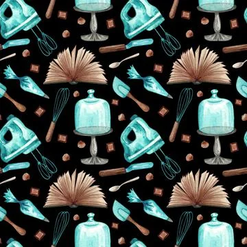 Baking watercolor seamless pattern with kitchen utensils on white background. Stock Illustration
