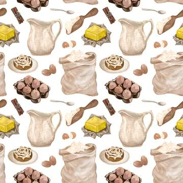 Baking watercolor seamless pattern with kitchen utensils on white background. Stock Illustration