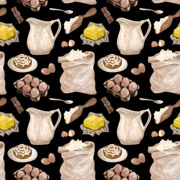 Baking watercolor seamless pattern with kitchen utensils on white background. Stock Illustration