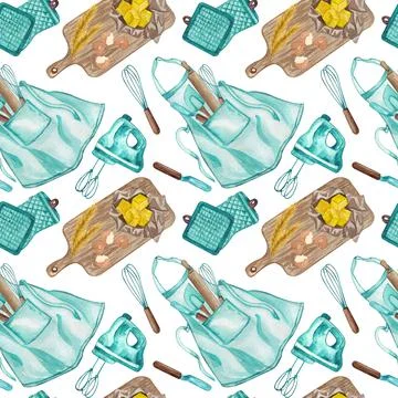 Baking watercolor seamless pattern with kitchen utensils on white background. Stock Illustration