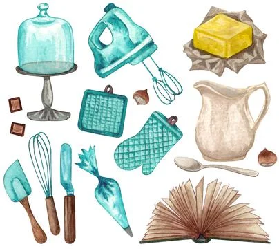 Baking watercolor set with kitchen utensils, jug, butter, whisk, mixer, potho Stock Illustration