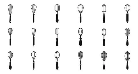 Baking whisk icons set. Whisk icons set illustrating various kitchen tools us Stock Illustration