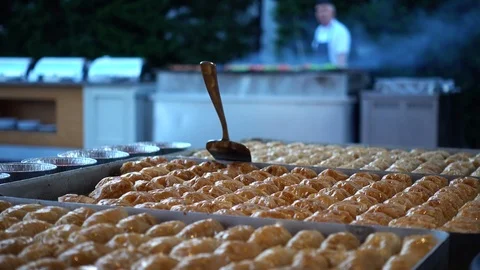 Baklava in the buffet on the open-air restaurant. Stock Footage 94804503