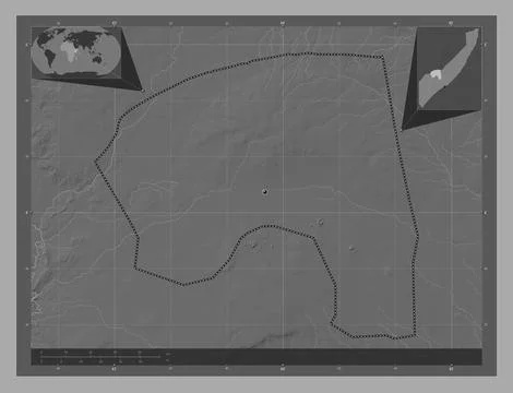 Bakool, Somalia Mainland. Bilevel elevation map with lakes and rivers Stock Illustration