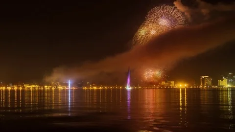 Baku Long Transition From Sunset To Night With Fireworks zoomin Stock Footage