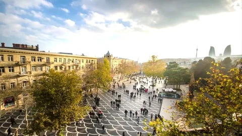 Baku Timelapse of city traffic. People moving fast at down town Stock Footage