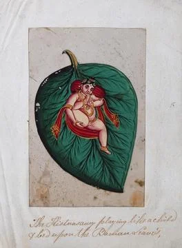 Bala Krishna lying on a banyan leaf, sucking his toe. Gouache painting on m.. Stock Illustration