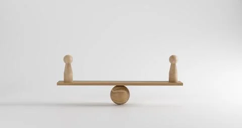 Balance and equality concept  two wooden pawns on seesaw board symbolizing .. Stock Photos