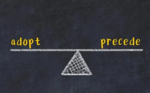 Balance between adopt and precede. Chalkboard drawing on black chalkboard Foto stock