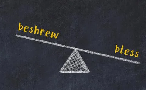 Balance between beshrew and bless. Chalkboard drawing on black chalkboard Foto stock