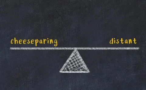 Balance between cheeseparing and distant. Chalkboard drawing on black chalkbo 스톡 사진