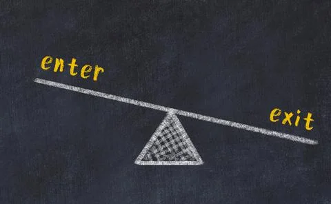Balance between enter and exit. Chalkboard drawing on black chalkboard Stock Photos