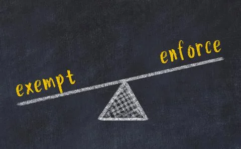 Balance between exempt and enforce. Chalkboard drawing on black chalkboard Foto stock