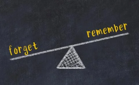 Balance between forget and remember. Chalkboard drawing on black chalkboard Foto stock
