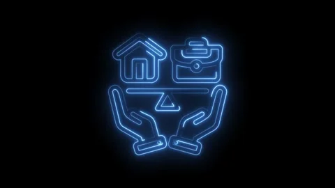 Balance between home and work life represented by glowing neon icons on scales 库存影片 333962013