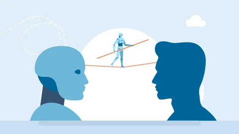 Balance between human and artificial intelligence. Input data machine learning Stock Footage 313482596