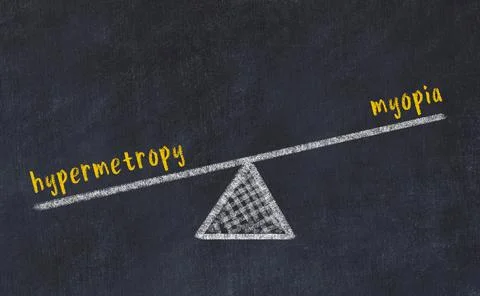 Balance between hypermetropy and myopia. Chalkboard drawing on black chalkboa Foto stock
