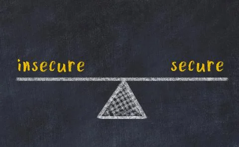 Balance between insecure and secure. Chalkboard drawing on black chalkboard Foto stock