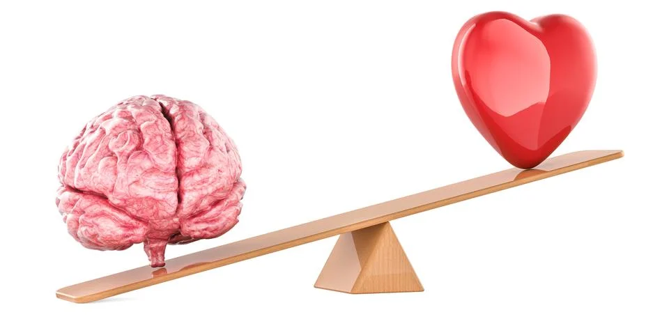 Balance between logic and emotion. Brain and red heart on seesaw, 3d renderin Stock Illustration