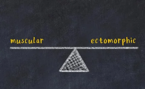 Balance between muscular and ectomorphic. Chalkboard drawing on black chalkbo Foto stock