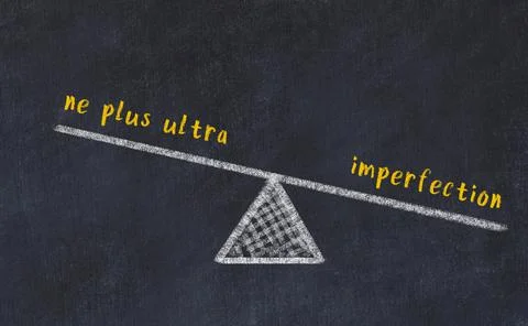 Balance between ne plus ultra and imperfection. Chalkboard drawing on black c Foto stock