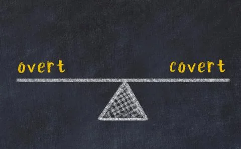 Balance between overt and covert. Chalkboard drawing on black chalkboard Foto stock