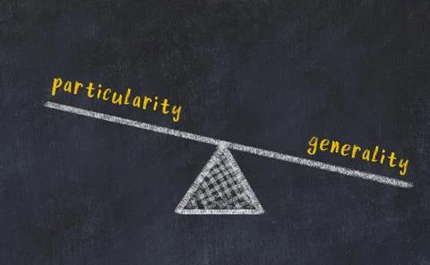 Balance between particularity and generality. Chalkboard drawing on black cha Foto stock