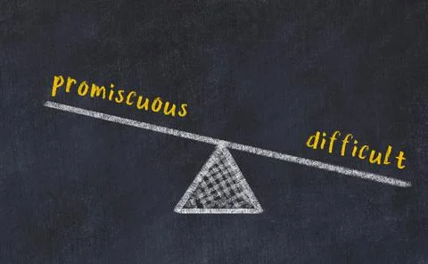 Balance between promiscuous and difficult. Chalkboard drawing on black chalkb Stock Photos