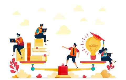 Balance between reading and ideas. Stacks of books and light bulbs for inspir Stock Illustration