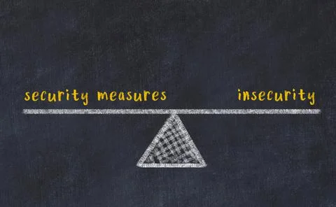 Balance between security measures and insecurity. Chalkboard drawing on black Foto stock