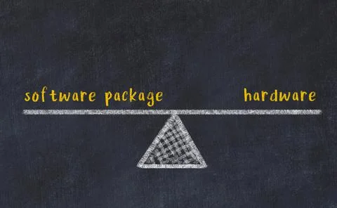 Balance between software package and hardware. Chalkboard drawing on black ch Stock Photos