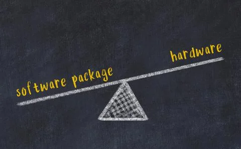 Balance between software package and hardware. Chalkboard drawing on black ch Foto stock