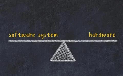 Balance between software system and hardware. Chalkboard drawing on black cha Foto stock