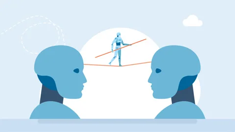 Balance between two robots with AI. Two silhouettes of a robot head. Input data. Stock Footage 314362531