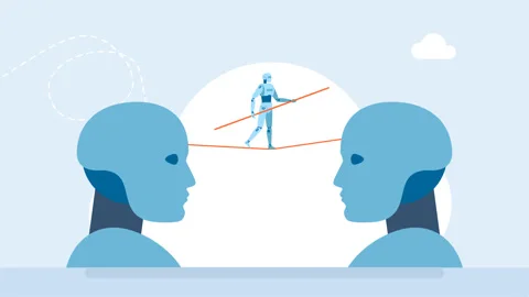 Balance between two robots with AI. Input data. Two silhouettes of robot head Stock Footage 315204581