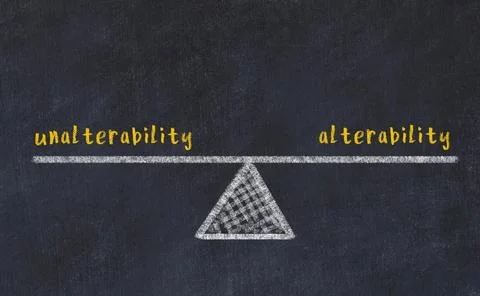 Balance between unalterability and alterability. Chalkboard drawing on black  Foto stock