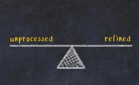 Balance between unprocessed and refined. Chalkboard drawing on black chalkboa Stock Photos