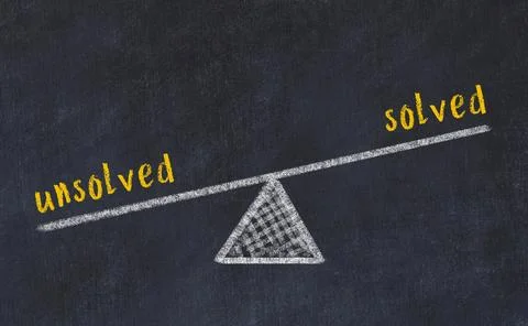 Balance between unsolved and solved. Chalkboard drawing on black chalkboard Foto stock