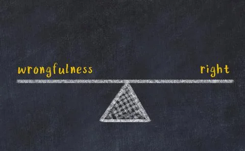 Balance between wrongfulness and right. Chalkboard drawing on black chalkboar Foto stock