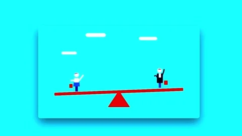 Balance concept with two figures on a seesaw during daytime against a blue .. Vidéo 345320278