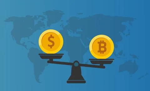 Balance Dollar VS Bitcoin concept with world map on background. Vector. Stock Illustration