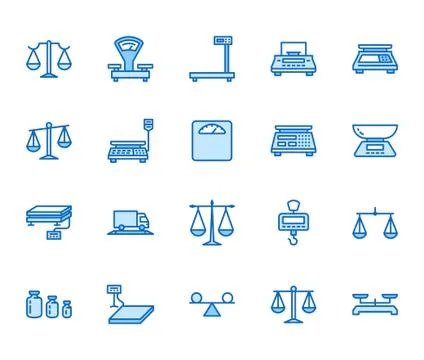 Balance flat line icons set. Weight measurement tools, diet scales, trade Stock Illustration