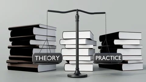 A balance scale with the 2 pans are labeled "THEORY" and "PRACTICE". Stock Illustration